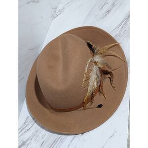 Lancaster Women's Tan 100% Wool With Feather Trim Fedora Hat